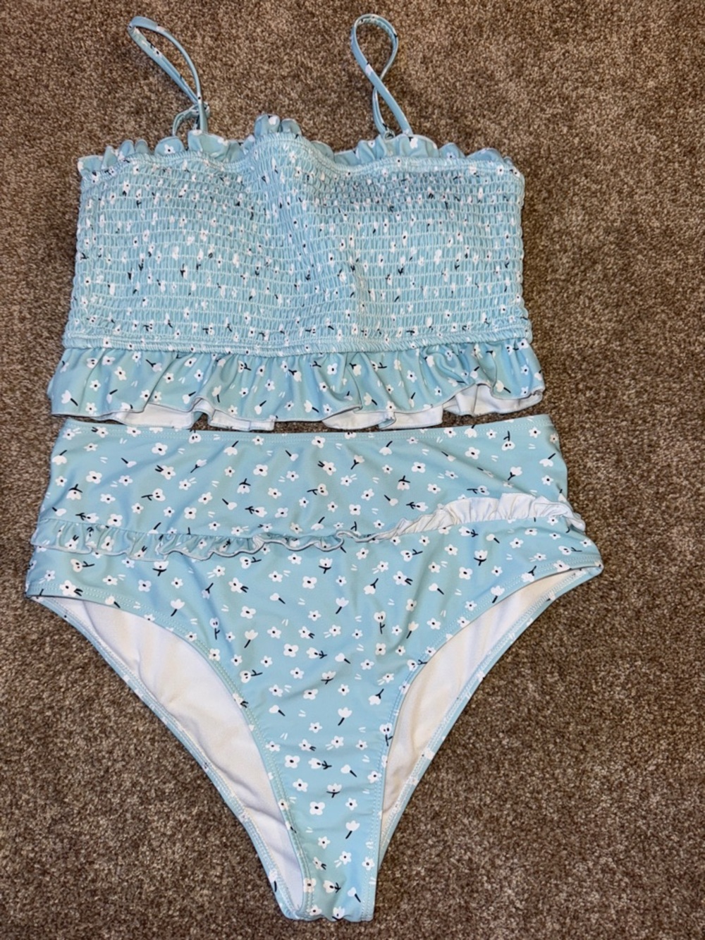 Light Blue Floral Smocked Ruffle Bikini Set